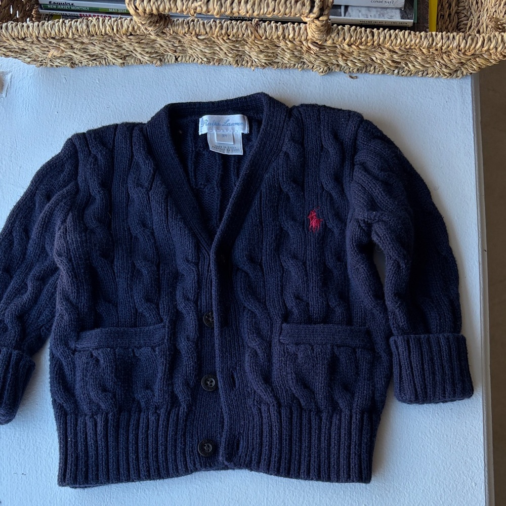 Ralph Lauren signature baby kids cardigan. Navy Blue with dark red logo.